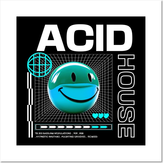 ACID HOUSE  - 3D Smiley (Blue/White) Wall Art by DISCOTHREADZ 